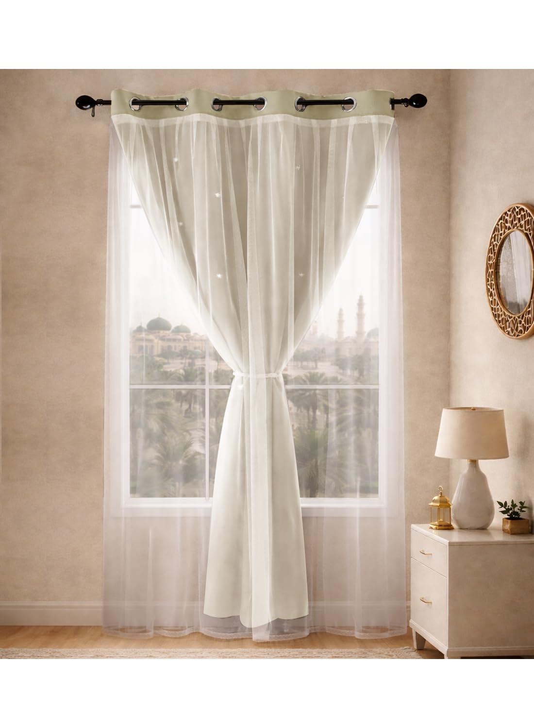 L&wen Star Blackout Curtains with Sheer, Drapes Grommet Room Darkening Curtain for Bedroom