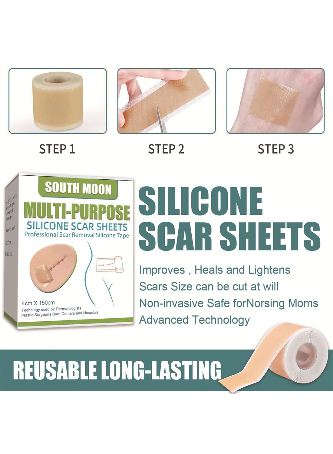 Multi-Purpose Silicone Scar Sheets, Breathable Scar Removal Strips 4*1.5m