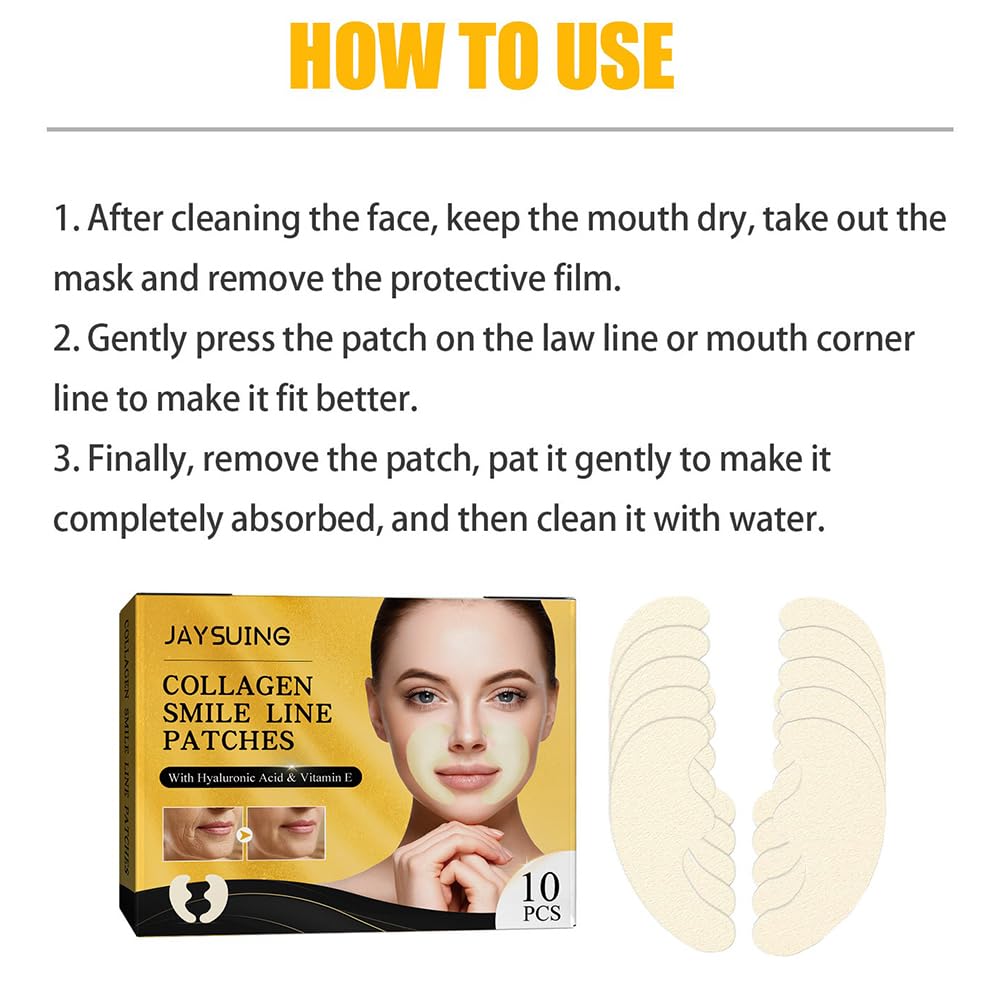 Smile Line Patches, Anti Wrinkle Laugh Line Patches with Hyaluronic Acid & Vitamin E, Anti-Aging Smile Line Remover Pads, Hydrating Forehead Wrinkles Treatment, Mouth Wrinkle Mask (10 Pcs)