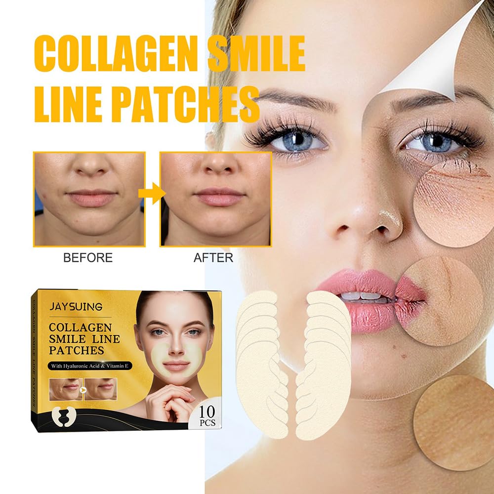 Smile Line Patches, Anti Wrinkle Laugh Line Patches with Hyaluronic Acid & Vitamin E, Anti-Aging Smile Line Remover Pads, Hydrating Forehead Wrinkles Treatment, Mouth Wrinkle Mask (10 Pcs)