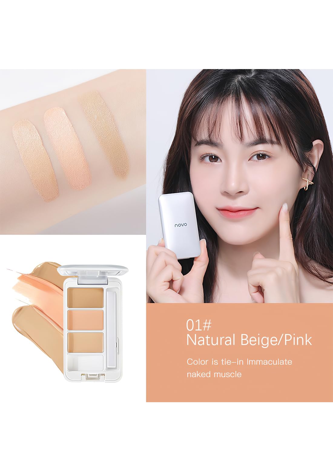 Tri Color Concealer Palette, Lightweight Flawless Correcting Concealer Cream, Full Coverage Waterproof Long Lasting Makeup Palette for Dark Circles Freckles Acne Blemishes