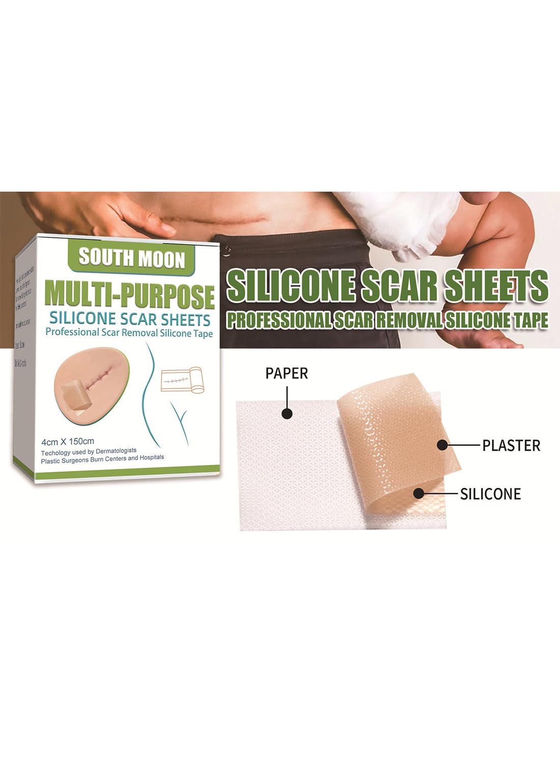 Multi-Purpose Silicone Scar Sheets, Breathable Scar Removal Strips 4*1.5m