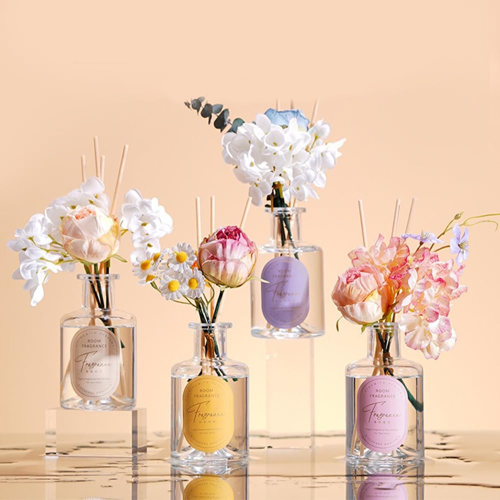 Reed Diffuser, Artificial Flower Home Fragrance Oil with 4 Reed Sticks for Office & Bathroom Decor 200ml