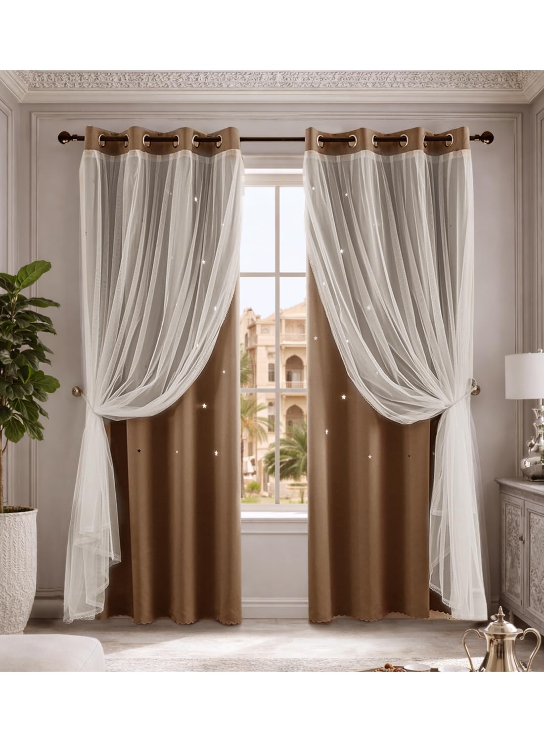 L&wen Star Blackout Curtains with Sheer, Drapes Grommet Room Darkening Curtain for Bedroom