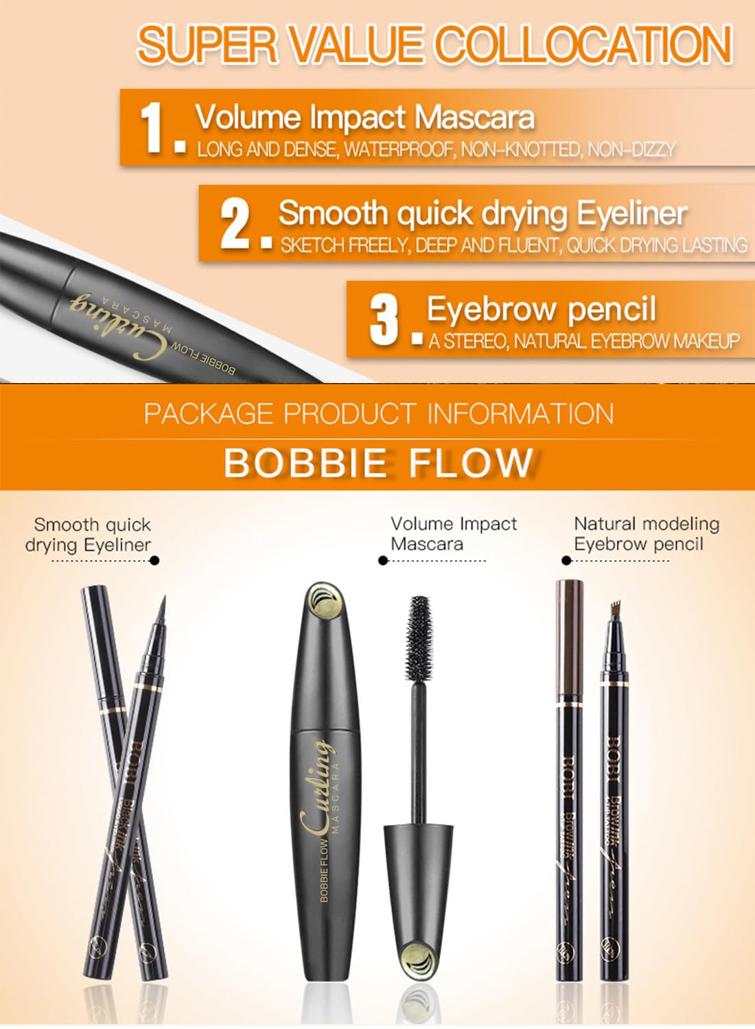 3 in 1 Four Tip Eyebrow & Liquid Eyeliner & Mascara Kit, Natural Waterproof Long Lasting Eye Makeup Set, Non Clumping, Lengthening, Curling, Quick Drying Makeup Salon Set for Women