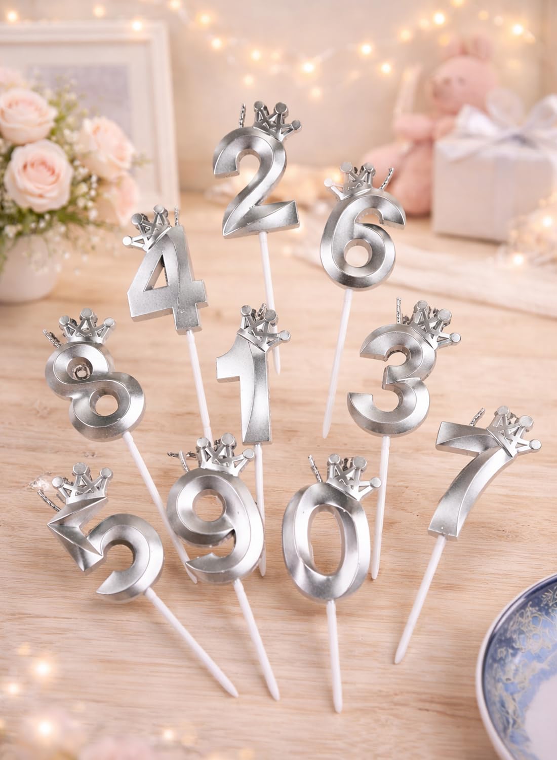 l&Wen Birthday Candles Twisted,  Long Thin Spiral Candle with Holders for Wedding Party Decorations (6 Pcs, Silver Twisted Collection)