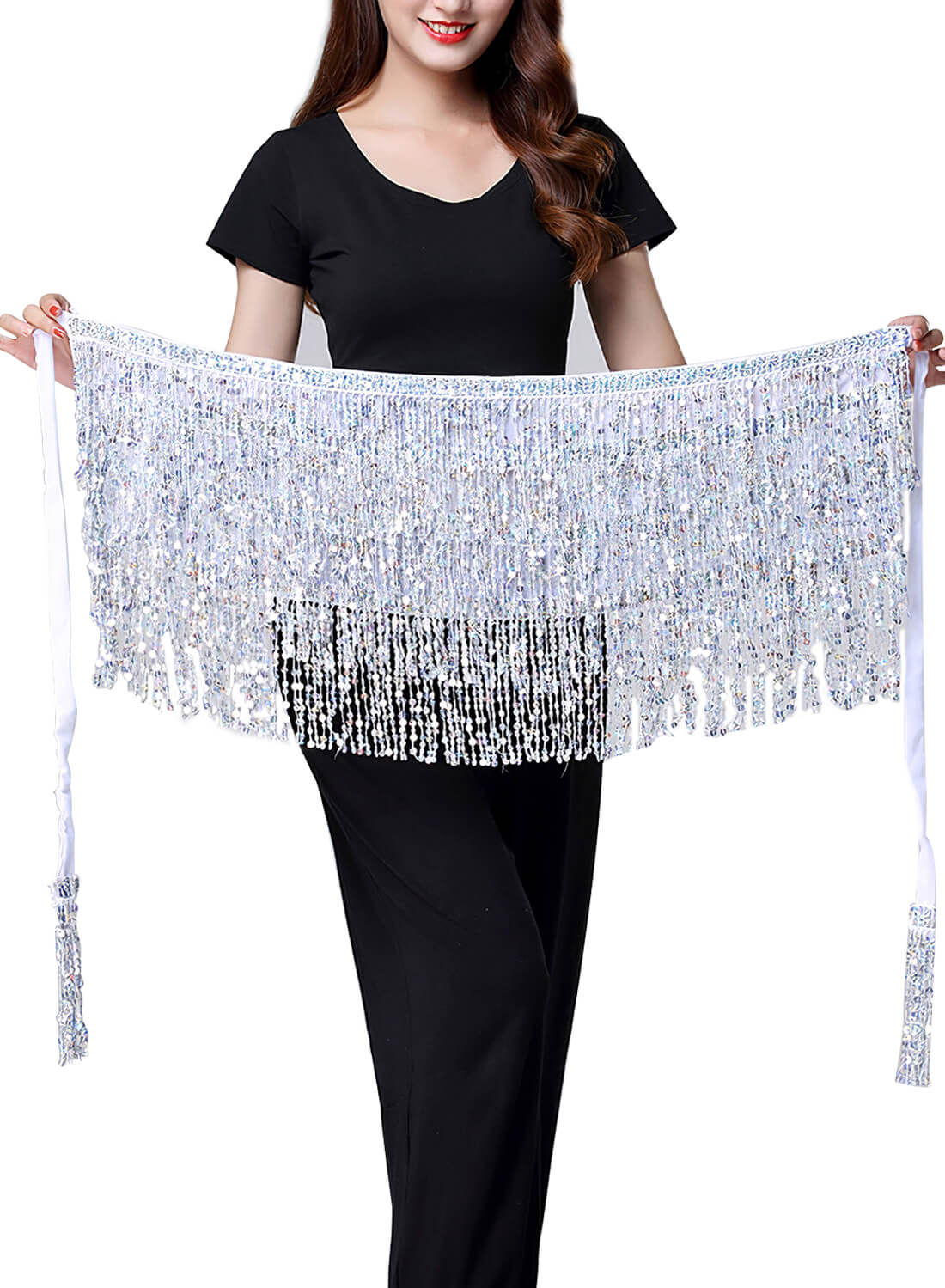 Belly Dance Hip Scarf with Four Layers of Sequined Tassels