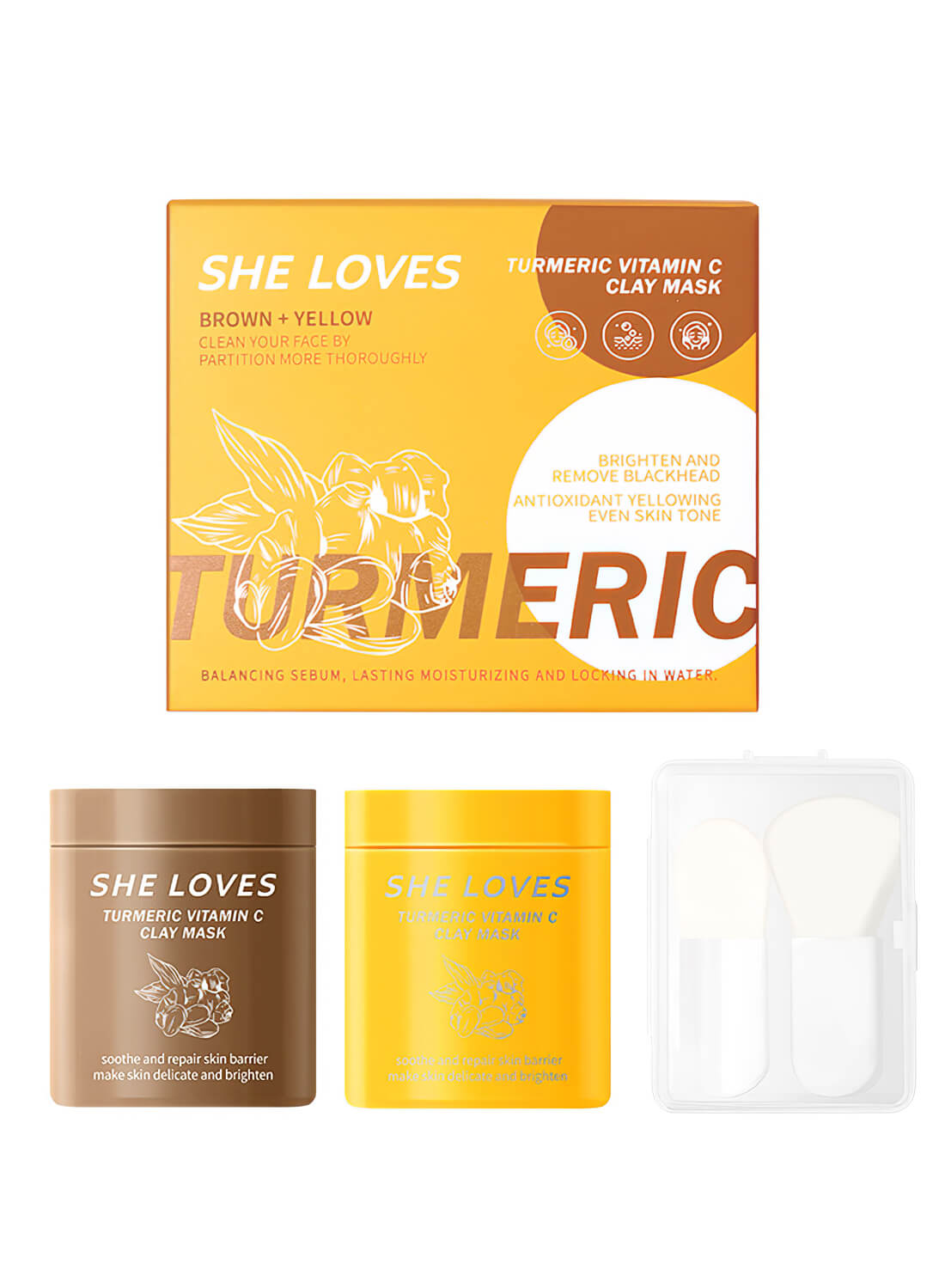 She Loves 2 Pcs Turmeric Vitamin C Clay Mask Set with Brushes