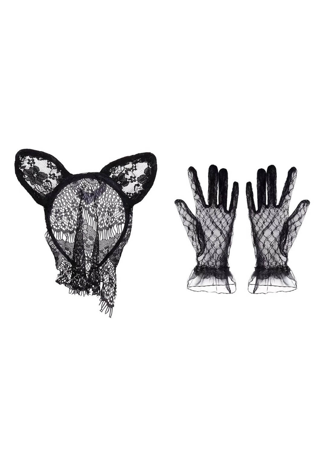 Women Cat Ears Headband with Lace Veil and Lace Gloves for Women